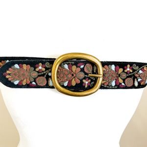 Lucky Brand Black Floral Embroidered Belt with Gold Buckle